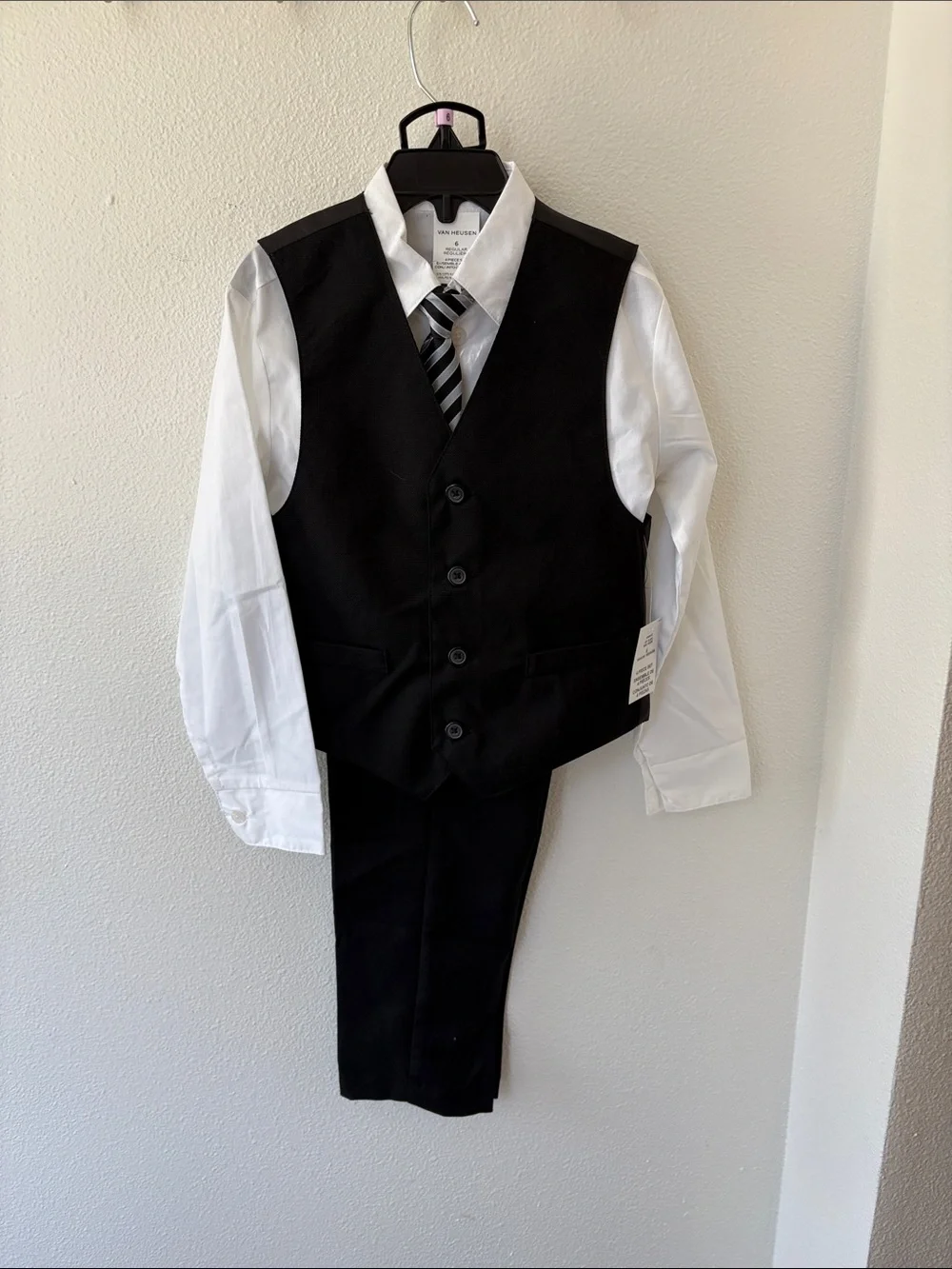 Boys Black Vest Suit Set with White Shirt and Grey/Black/White Striped Tie